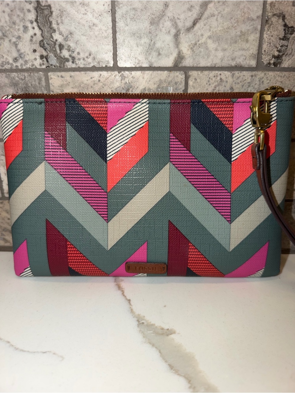 Fossil Chevron Wristlet in Pink, Coral, Teal & Cream